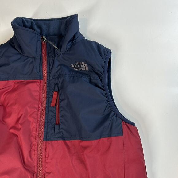 The North Face Boys Reversible Vest Red Navy Large 14/16 Nylon Fleece Pockets - Picture 2 of 11